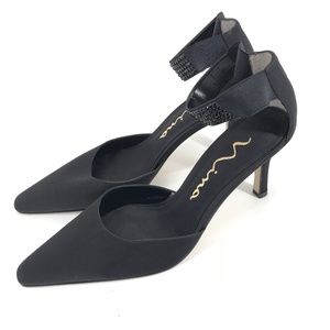Black Satin Ankle Strap Heels by Nina